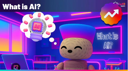 3D animated character in a neon-lit room thinking about AI represented by a glowing microchip inside a light bulb with the text 'What is AI?'