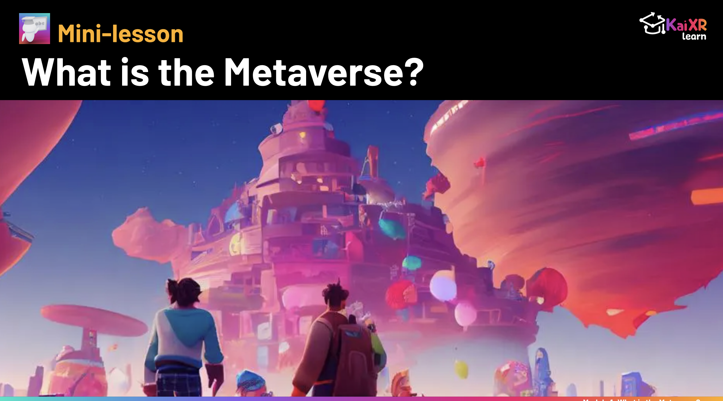 Digital illustration of two avatars looking at a large futuristic floating structure in a colorful metaverse environment.