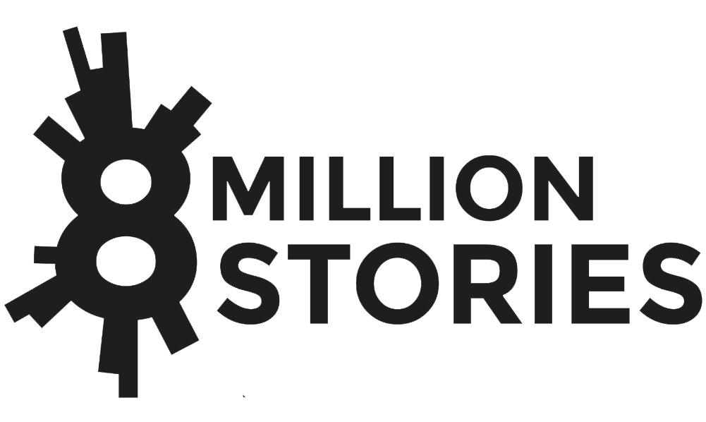Logo of 8 Million Stories with a stylized number 8 formed by abstract shapes next to the text.