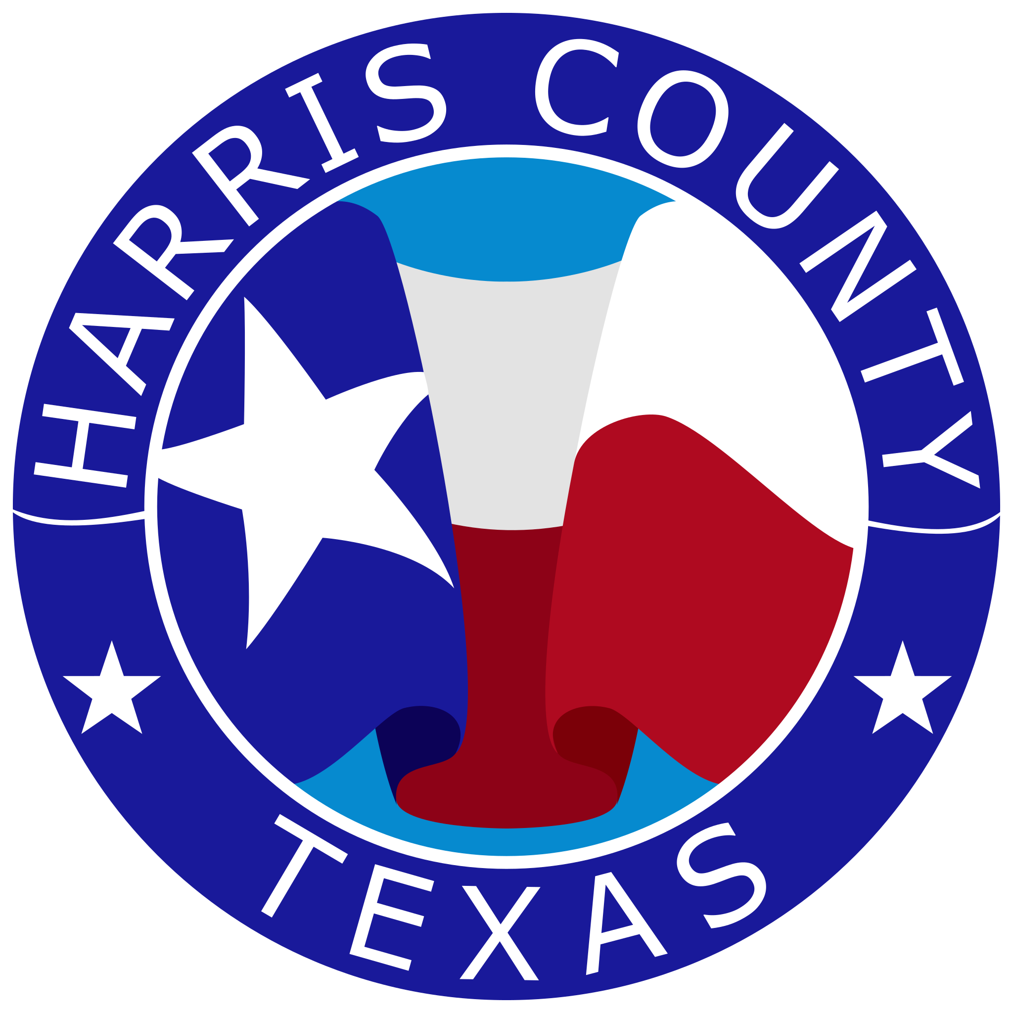 Seal of Harris County Texas with a stylized Texas flag in the center and blue border with white stars and text.