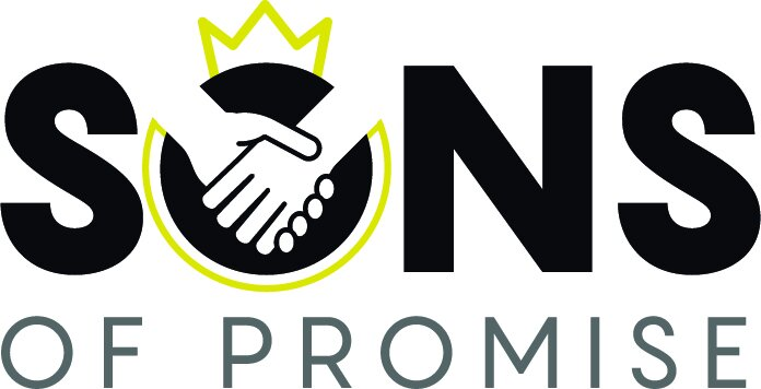 Logo with the word 'SONS' where the 'O' is a handshake inside a circle topped with a crown, and the words 'OF PROMISE' below.