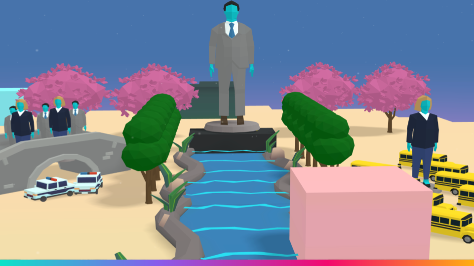 Digital illustration of a statue resembling Dr. Martin Luther King Jr. standing on a pedestal by a river, surrounded by stylized trees, a stone bridge, police cars, school buses, and group of blue-skinned figures.