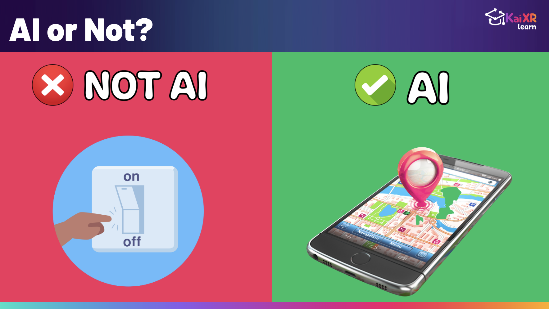 3D animated character in a neon-lit room thinking about AI represented by a glowing microchip inside a light bulb with the text 'What is AI?'