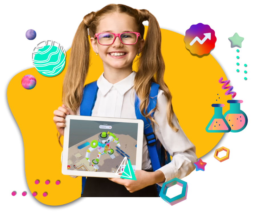 Smiling young girl with two green hair bows holding a laptop displaying a colorful digital map or game interface.