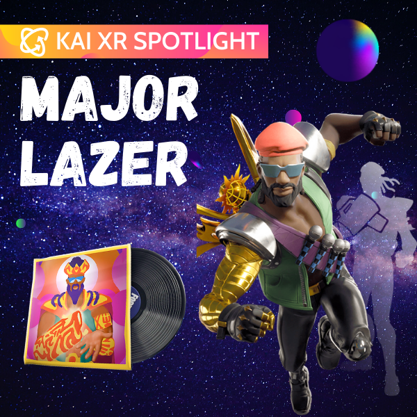 Digital artwork featuring a muscular character wearing a red cap, sunglasses, and green vest, with the text 'KAI XR SPOTLIGHT MAJOR LAZER' over a starry space background, and a vinyl record and colorful illustrated album cover on the left.