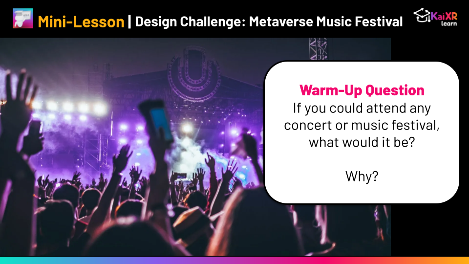 Crowd at a music festival with raised hands and bright stage lights, overlaid with a warm-up question about attending concerts or music festivals.