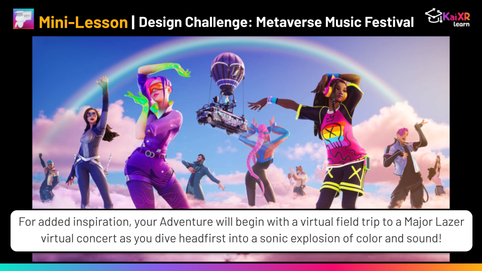 Virtual avatars dancing and posing under a rainbow in a colorful sky at a metaverse music festival with a flying bus stage in the background.