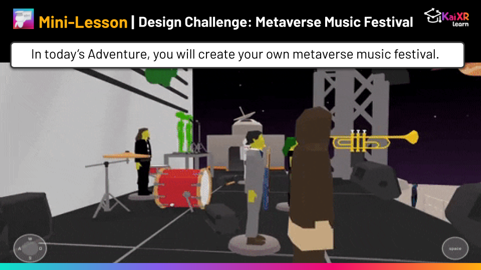 Screenshot from a virtual metaverse music festival design challenge showing block-style avatars on a stage with musical instruments like drums and a trumpet.