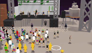 Animated scene of a virtual music festival with a band performing on stage and an audience watching and dancing.
