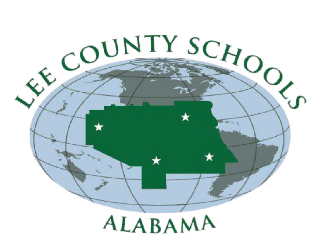 Lee County Schools logo featuring a green map of Lee County, Alabama with stars marking locations, over a blue globe background with grid lines, and text 'Lee County Schools' above and 'Alabama' below.