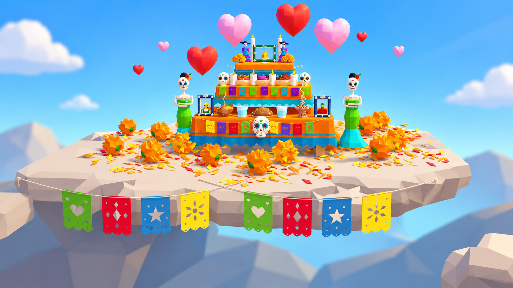 Colorful low-poly Day of the Dead altar with skulls, candles, marigold flowers, traditional pan de muerto bread, framed photos, and red and pink heart balloons on a floating stone platform decorated with papel picado flags.