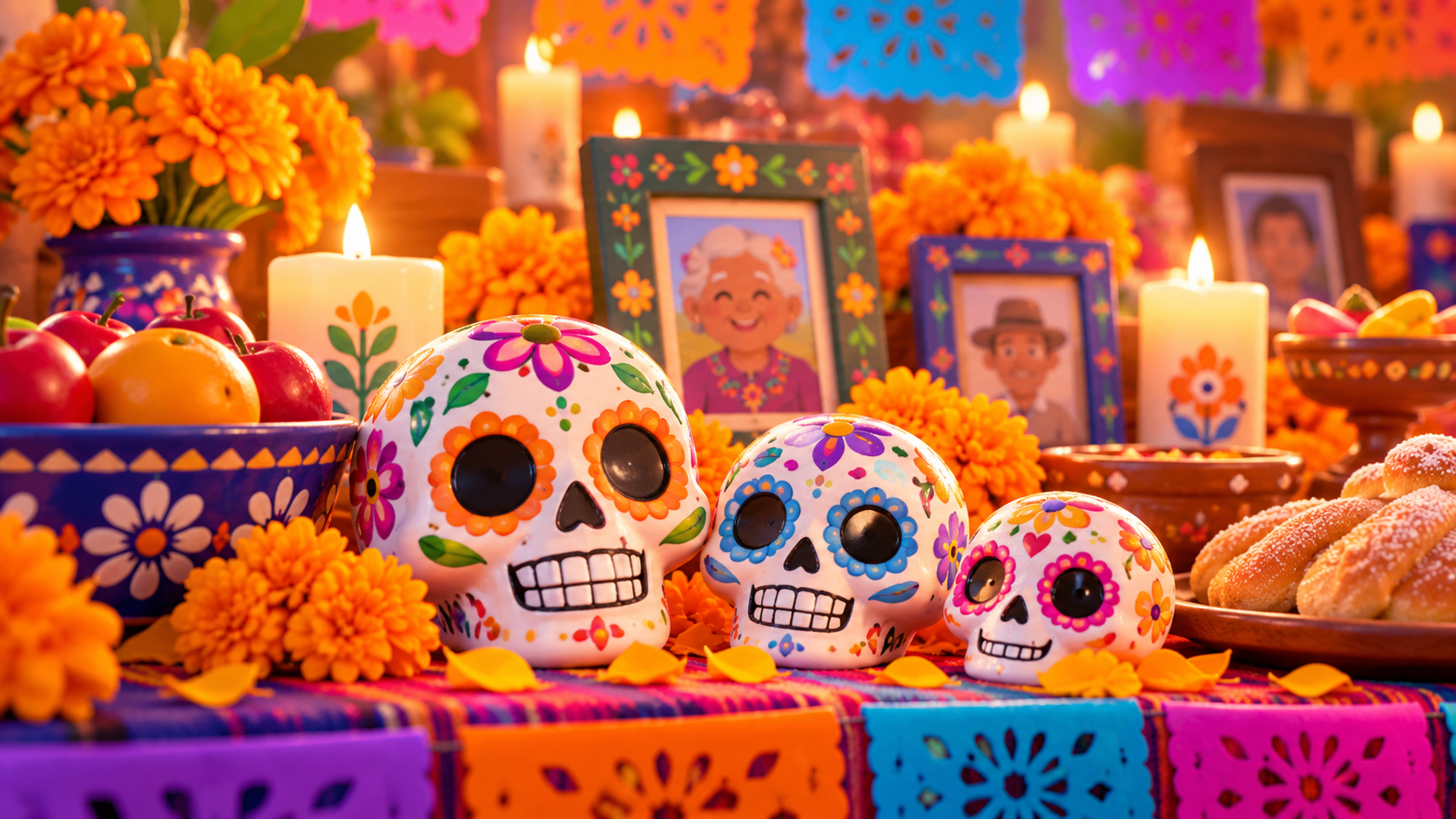 Colorful Day of the Dead altar with three decorated ceramic skulls, orange marigold flowers, lit candles, bowls of fruit and pan de muerto bread, with framed photos in the background and papel picado banners.