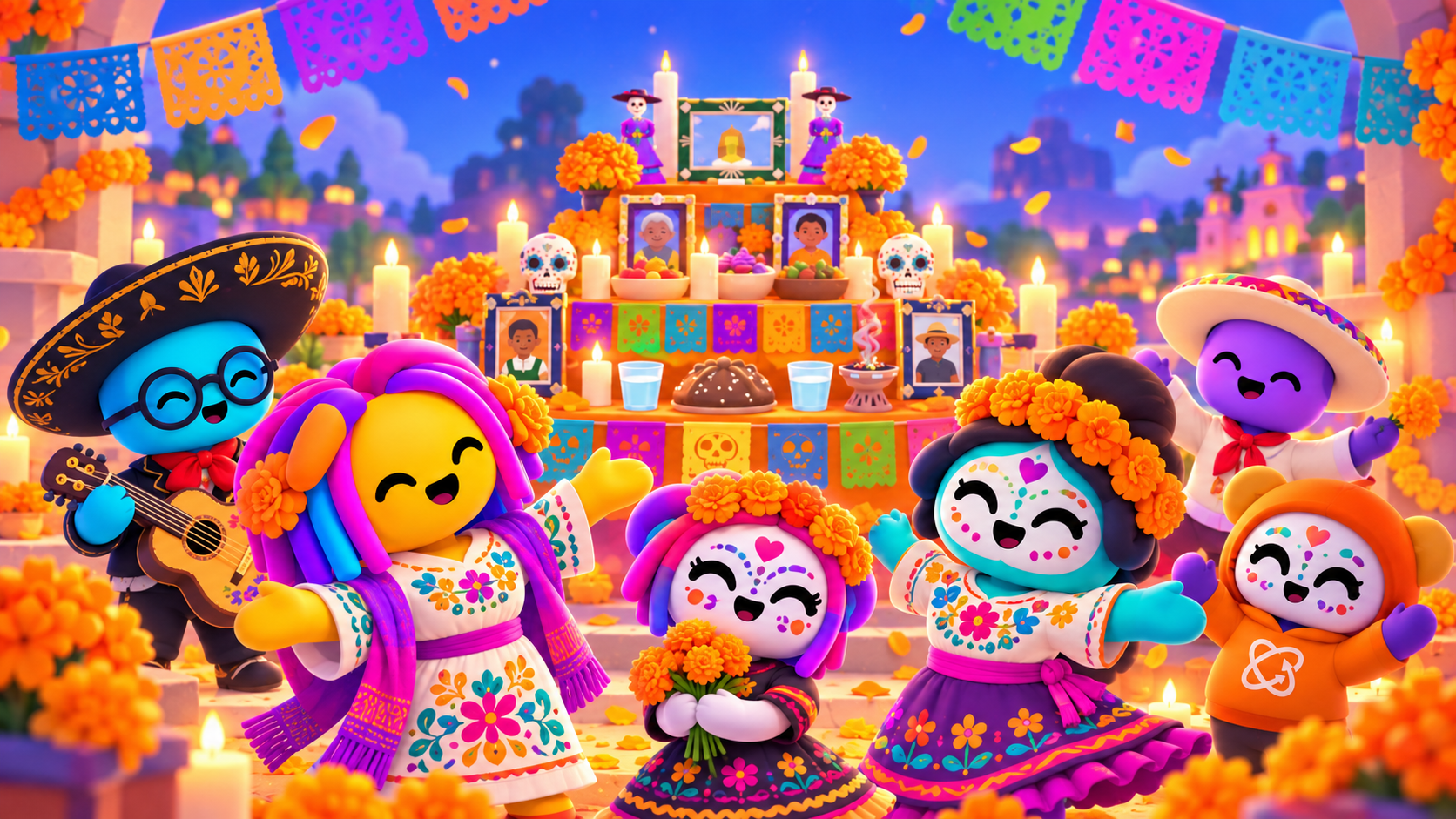 Colorful animated characters joyfully celebrate Día de los Muertos in front of a decorated altar with candles, marigold flowers, sugar skulls, photographs, and offerings, surrounded by festive papel picado banners under a twilight sky.