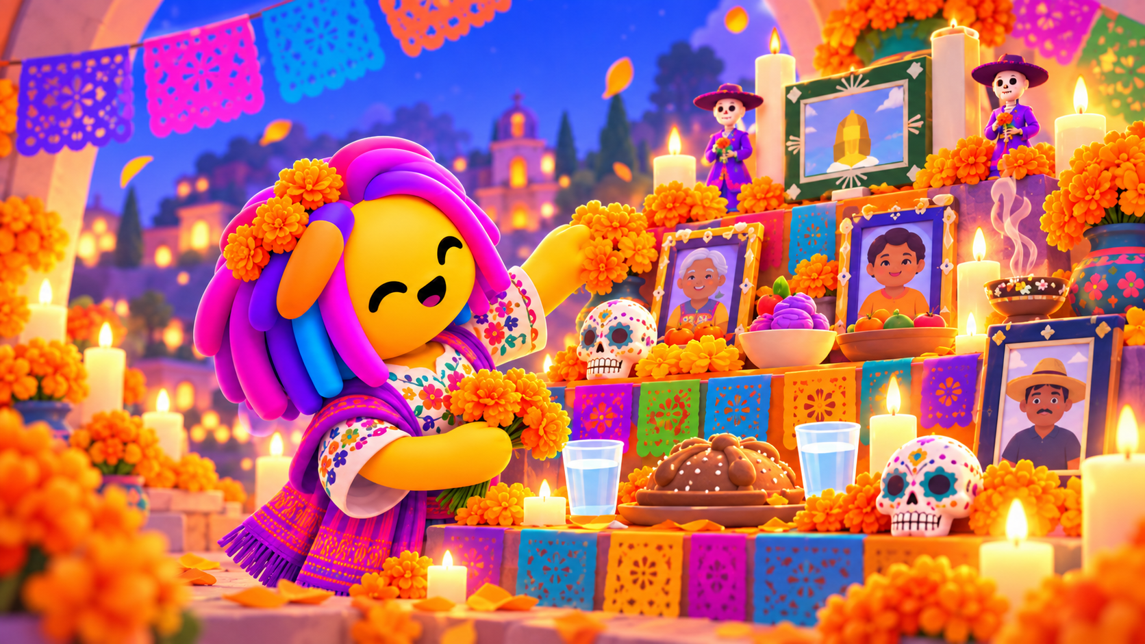 Colorful animated character with bright purple and blue hair decorating a traditional Day of the Dead altar with orange marigold flowers, candles, sugar skulls, framed photos, and festive papel picado banners at dusk.