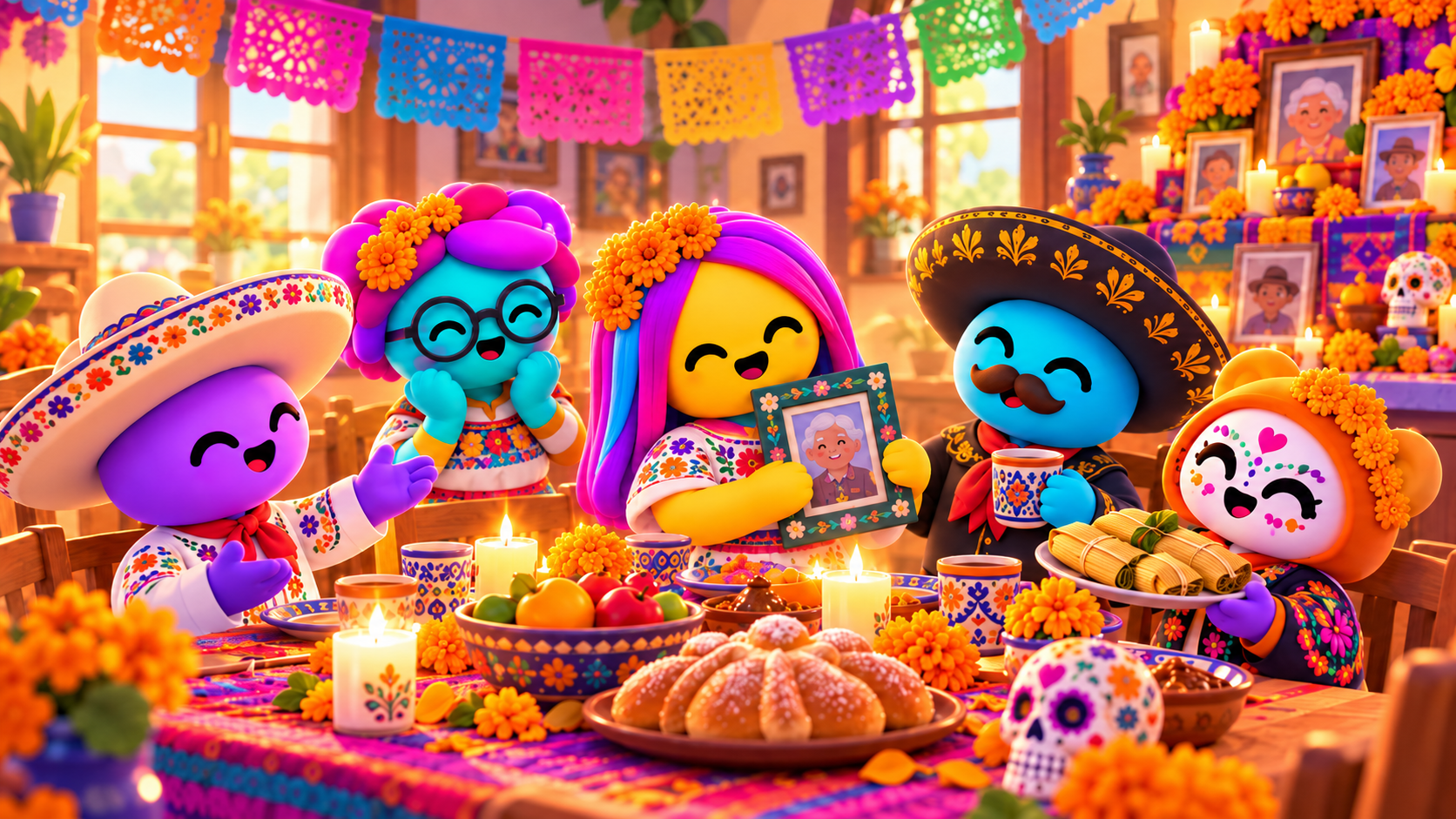 Colorful animated characters celebrating Día de los Muertos around a decorated table with traditional foods, candles, marigold flowers, and papel picado banners; one character holds a framed photo of an elderly woman in front of an ofrenda with framed photos and sugar skulls.