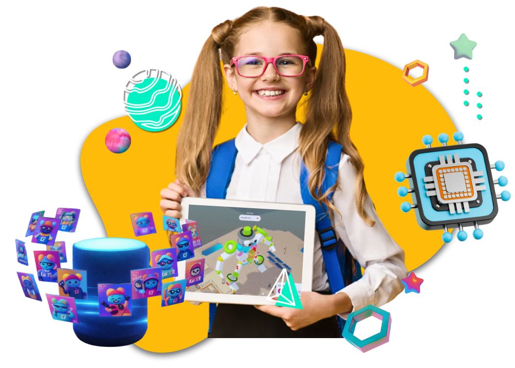 Smiling girl with glasses and pigtails in a white shirt and blue backpack holding a tablet displaying a colorful robot-like 3D model, surrounded by digital icons including a glowing cylinder with cartoon faces, planets, and a microchip illustration on a yellow abstract background.