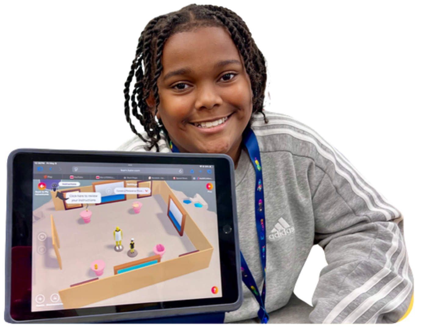 Smiling young person with braided hair wearing a gray Adidas sweatshirt and blue lanyard holding a tablet displaying a virtual room with avatars and interactive elements.
