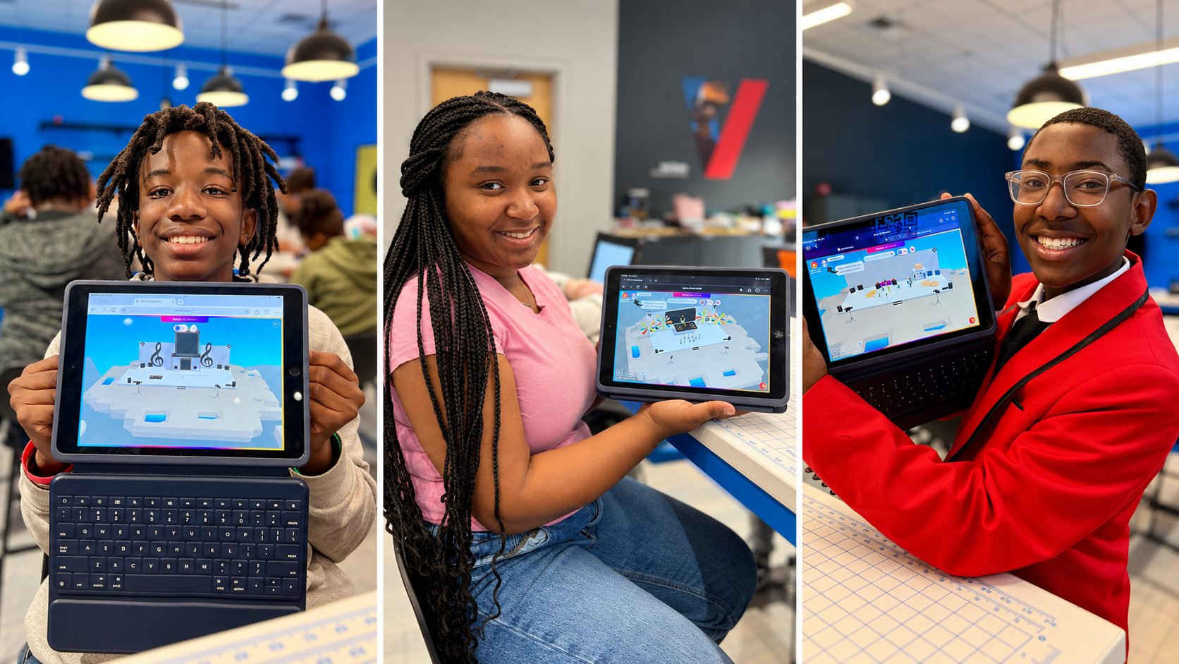 Three students in a classroom each hold a tablet with a virtual reality app displaying a white floating island with musical symbols and interactive elements, smiling at the camera; the background includes desks, chairs, and hanging lights.