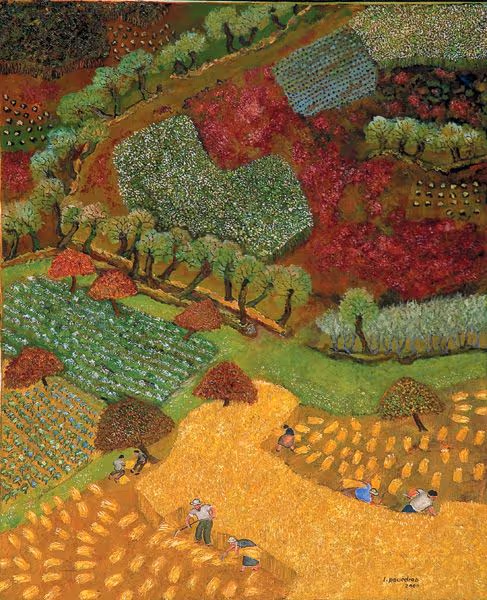 Peinture colorée d’un paysage rural avec des travailleurs récoltant des cultures dorées au premier plan, et des champs verts, rouges et à motifs avec des arbres à l’arrière-plan. Lucien Pouëdras