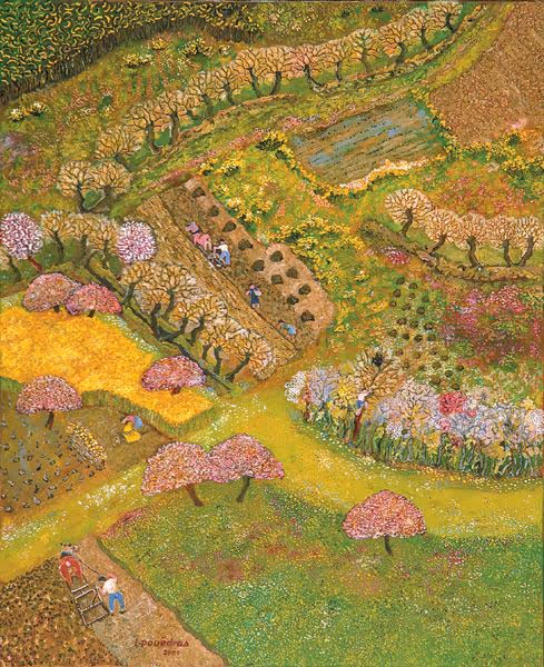 Peinture colorée d’un paysage rural avec des paysans travaillant dans les champs, des arbres en fleurs et des jardins en patchwork. Lucien Pouëdras﻿