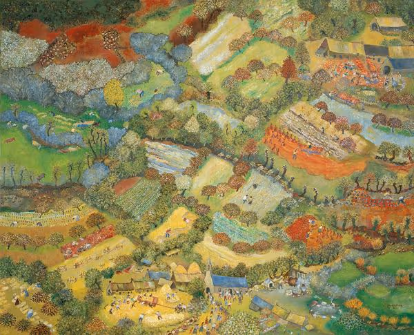 Peinture de paysage pastoral colorée représentant un patchwork de terres agricoles avec des arbres, des champs, des rivières, des fermes et de minuscules personnages s'adonnant à des activités rurales. Lucien Pouëdras