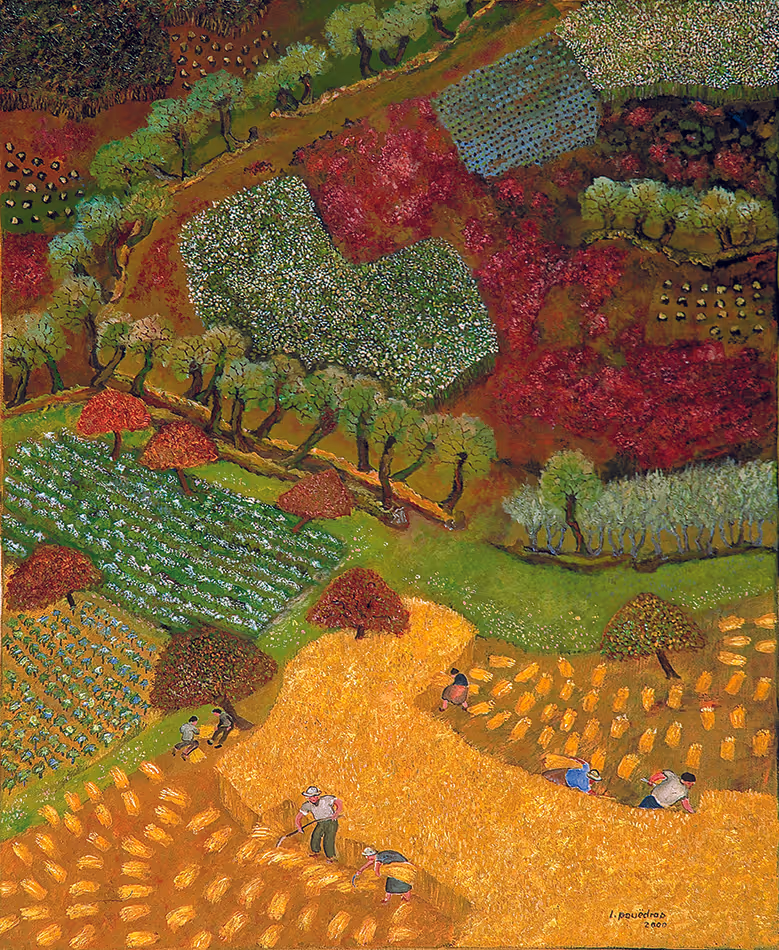 Peinture de Lucien Pouëdras : Les quatre saisons. Un tableau évoquant le cycle des quatre saisons dans la campagne de Languidic. Lucien Pouëdras