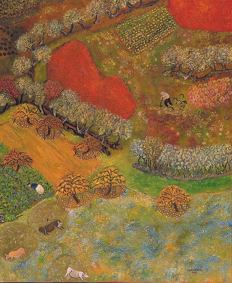 Peinture de Lucien Pouëdras : Les quatre saisons. Un tableau évoquant le cycle des quatre saisons dans la campagne de Languidic. Lucien Pouëdras