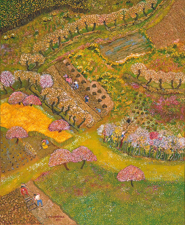 Peinture de Lucien Pouëdras : Les quatre saisons. Un tableau évoquant le cycle des quatre saisons dans la campagne de Languidic. Lucien Pouëdras