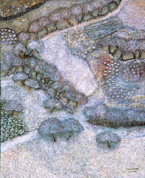 Peinture de Lucien Pouëdras : Les quatre saisons. Un tableau évoquant le cycle des quatre saisons dans la campagne de Languidic. Lucien Pouëdras