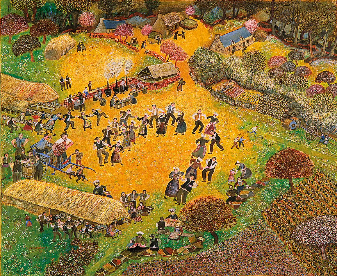 Peinture de Lucien Pouëdras : Noce dans l'aire à battre.