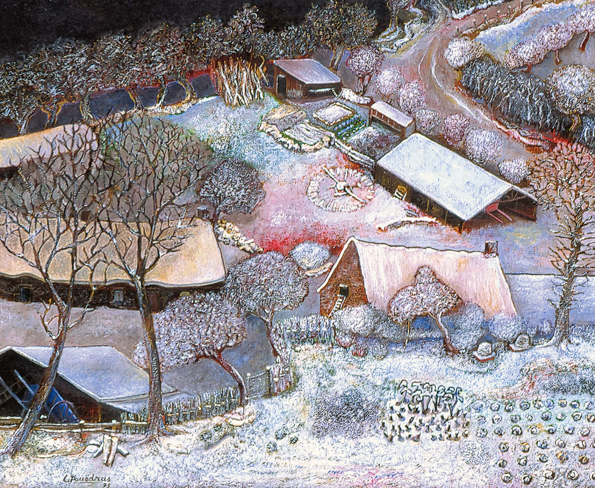 Peinture de Lucien Pouëdras : Kerdaniel sous la neige.