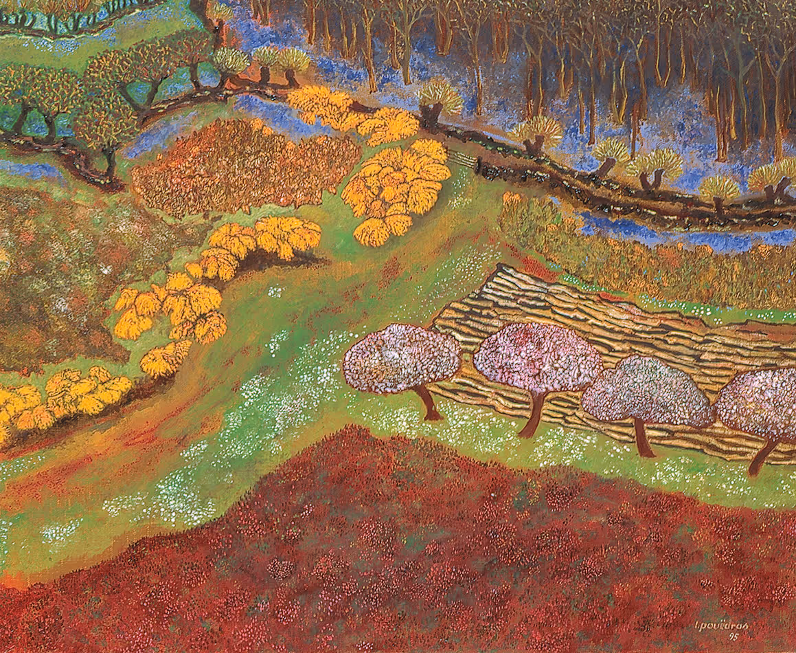 Peinture de Lucien Pouëdras : Au temps du trèfle incarnat. La floraison rouge bordeaux du trèfle incarnat illumine le bocage breton en juin.