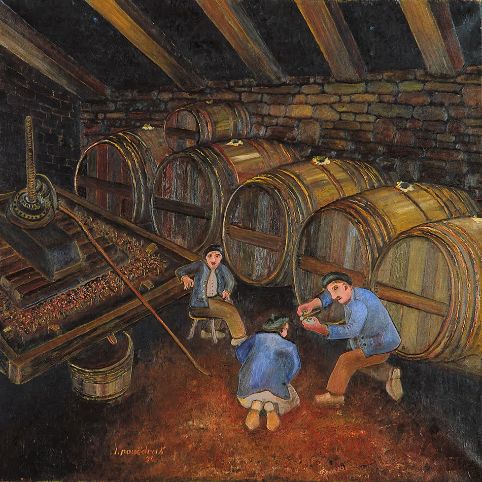 Peinture de Lucien Pouëdras : La pause coup de cidre. Un dimanche après-midi ?