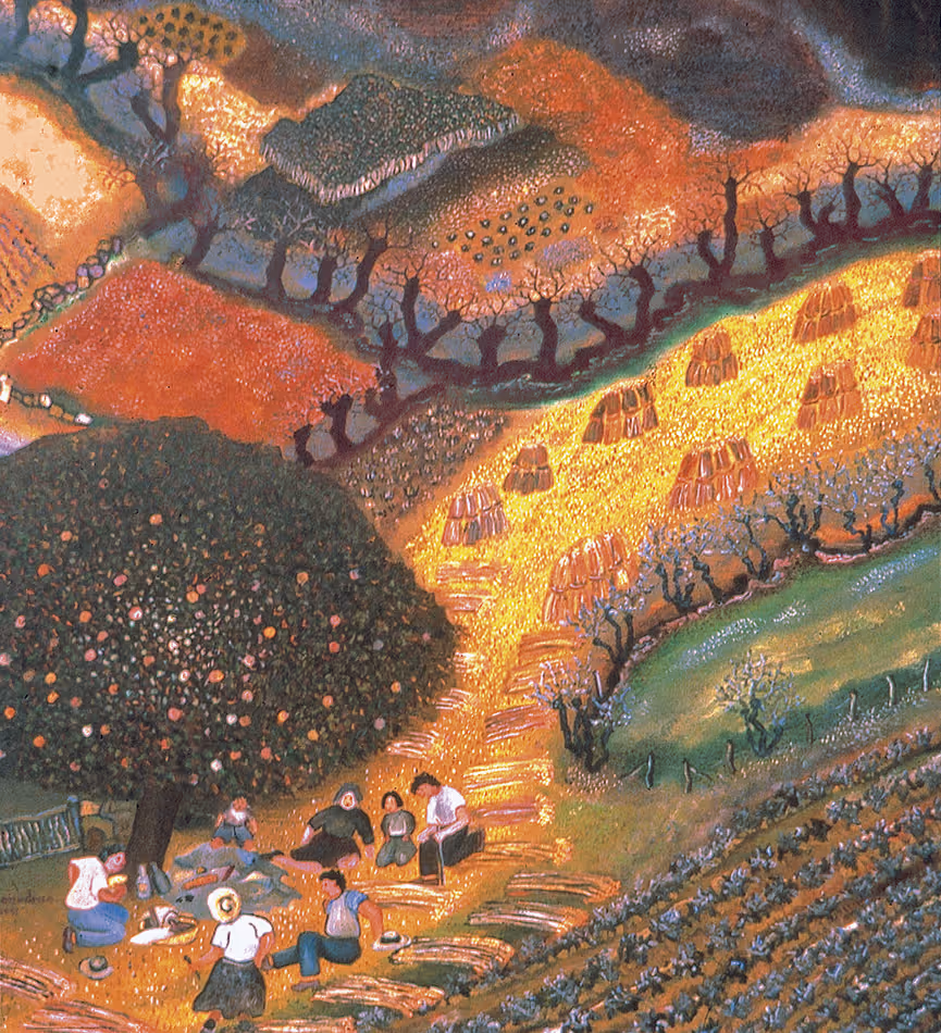 Peinture de Lucien Pouëdras : La pause repas durant la moisson. Une collation à l'ombre d'un pommier pendant les longues journées de moisson.