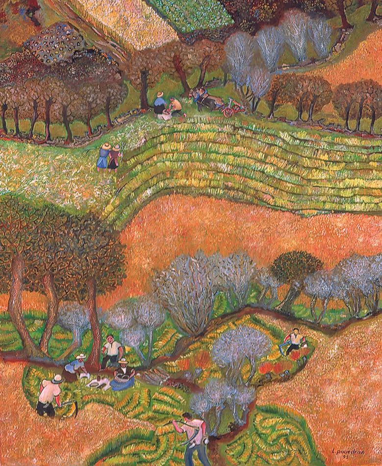 Peinture de Lucien Pouëdras : Dans les prairies humides. Des vaches pâturent dans les prairies humides longeant les ruisseaux du bocage breton.