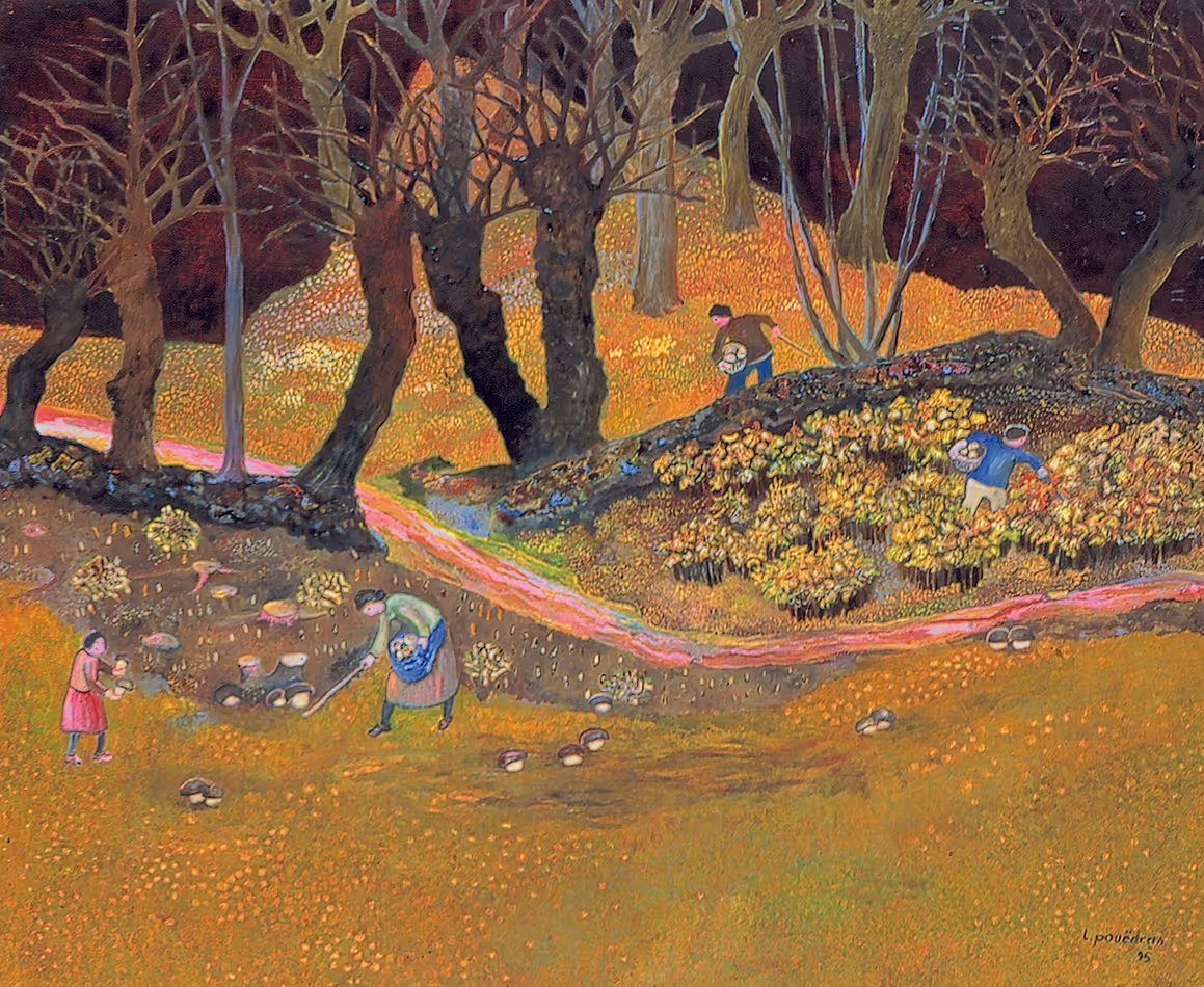 Peinture de Lucien Pouëdras : La cueillette des cèpes. Des paysans cueillent les cèpes au pied des chênes en automne.