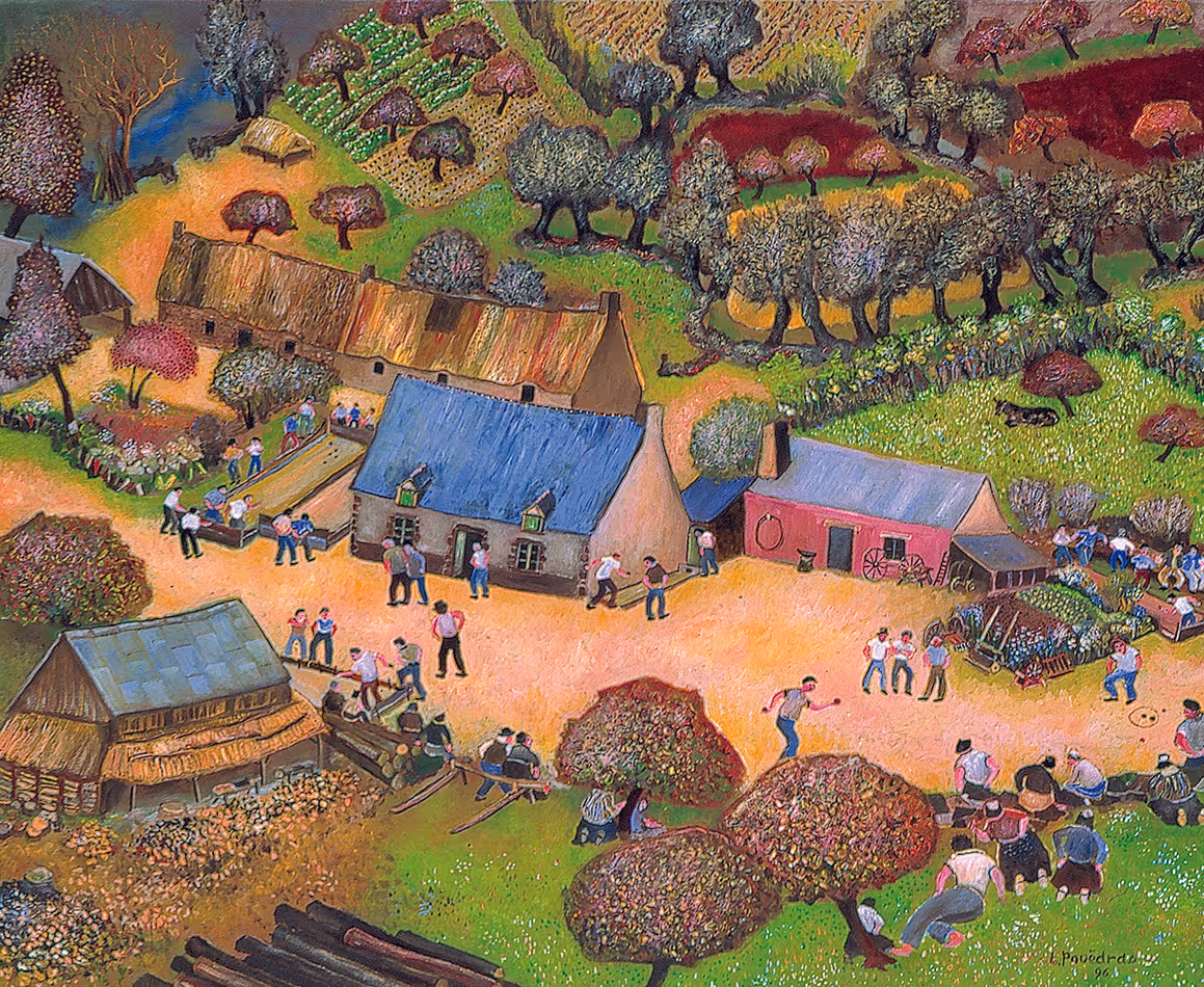 Peinture de Lucien Pouëdras : La partie de boules. Les hommes des villages voisins se retrouvent le dimanche après-midi pour jouer aux boules devant le café du forgeron.