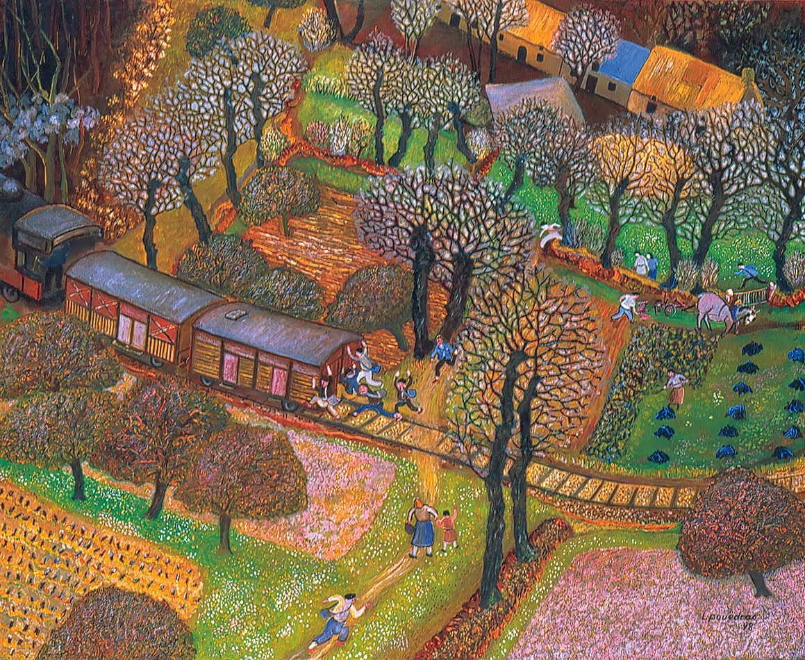 Peinture de Lucien Pouëdras : Le petit train des champs. Le train de Josselin à Port-Louis traverse le bocage breton, spectacle fascinant pour les enfants.