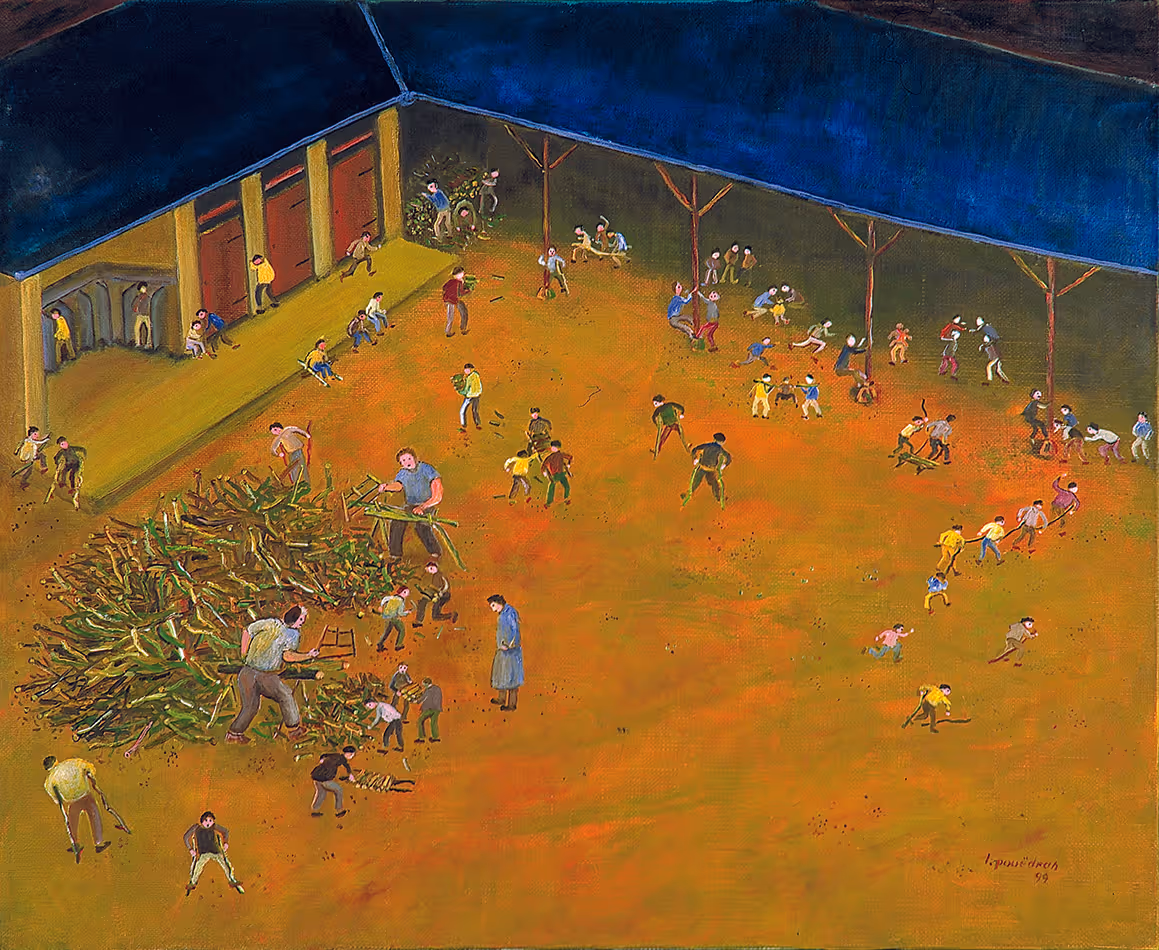 Peinture de Lucien Pouëdras : La corvée de bois. En octobre, les écoliers participent au débitage et au transport du bois de chauffage pour les classes.