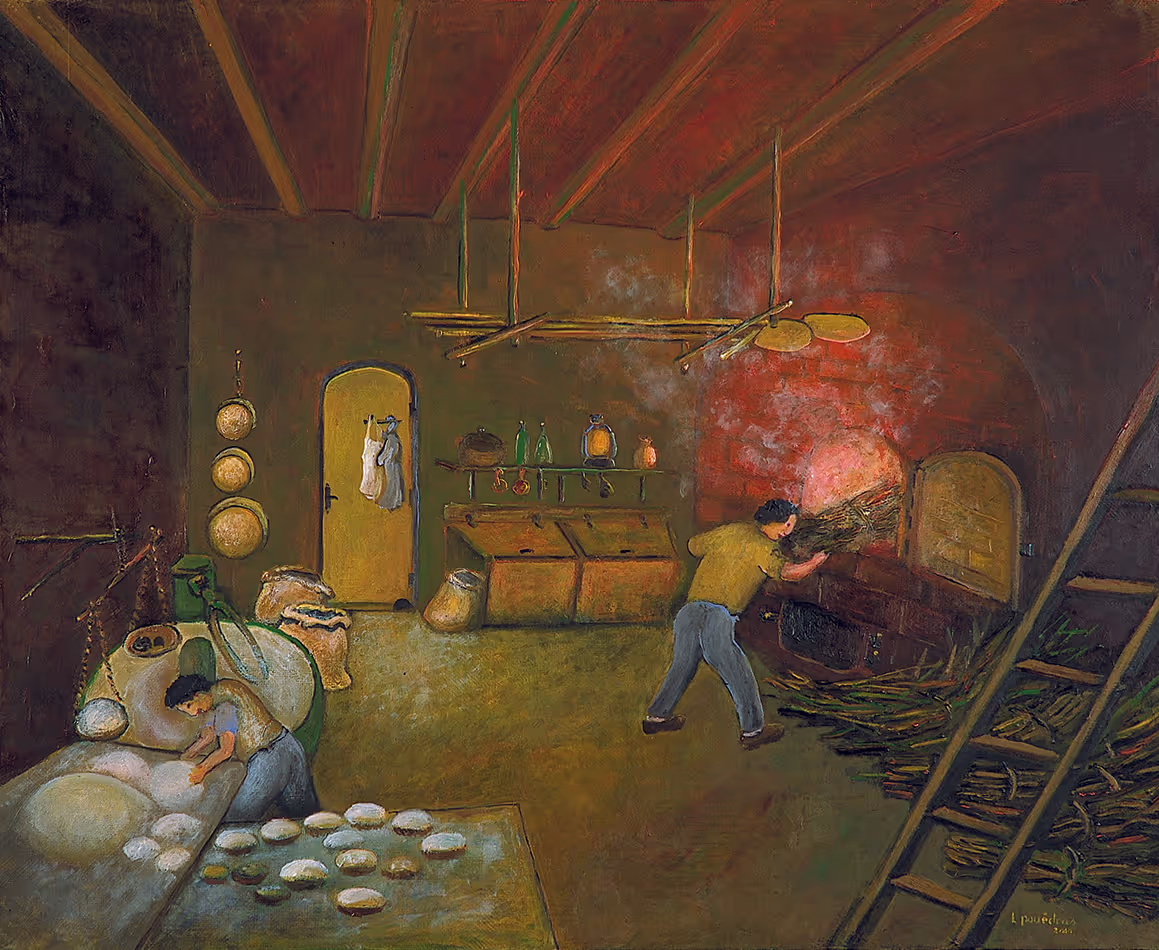 Peinture de Lucien Pouëdras : Dans le fournil. Si dans la forge tout est couleur de rouille, dans le fournil, tout est couleur de farine.