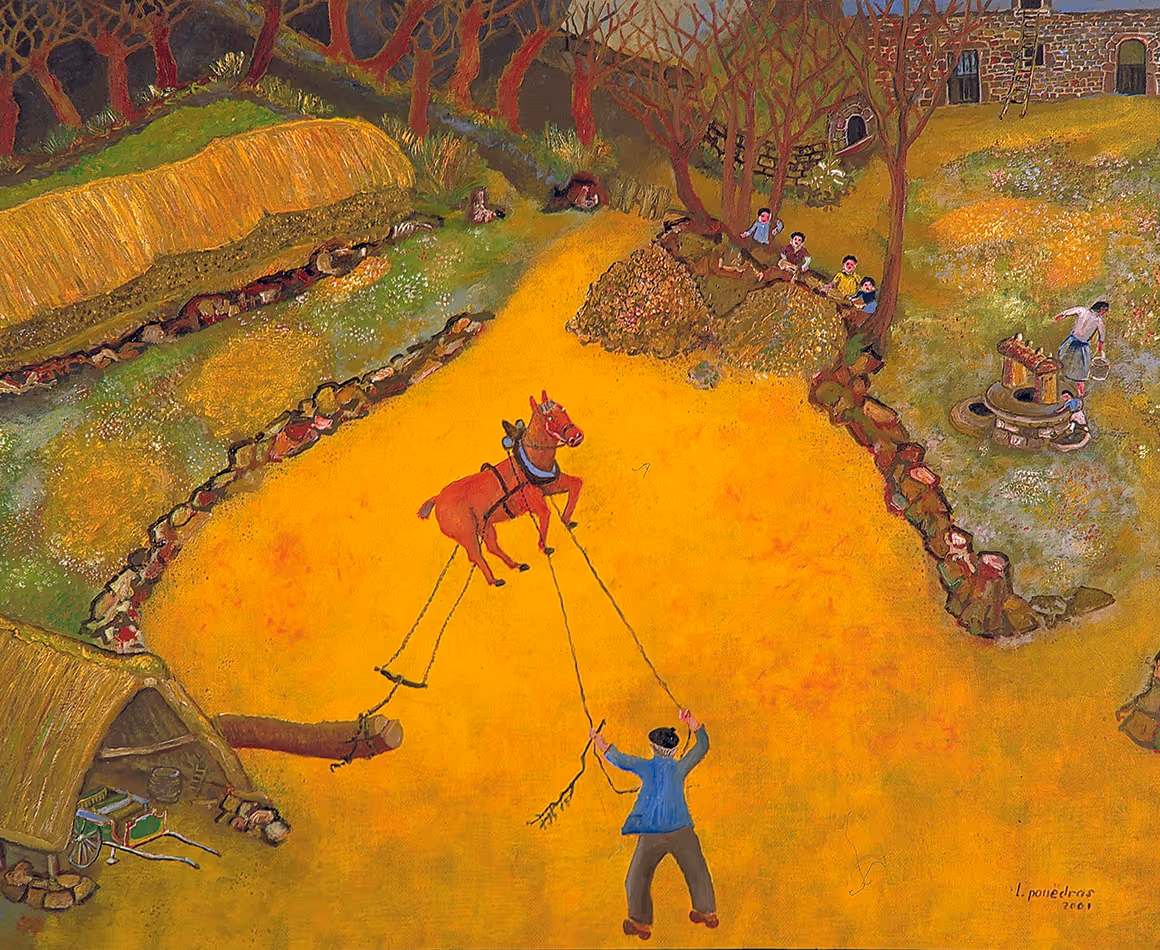 Peinture de Lucien Pouëdras : Le dressage du jeune cheval.