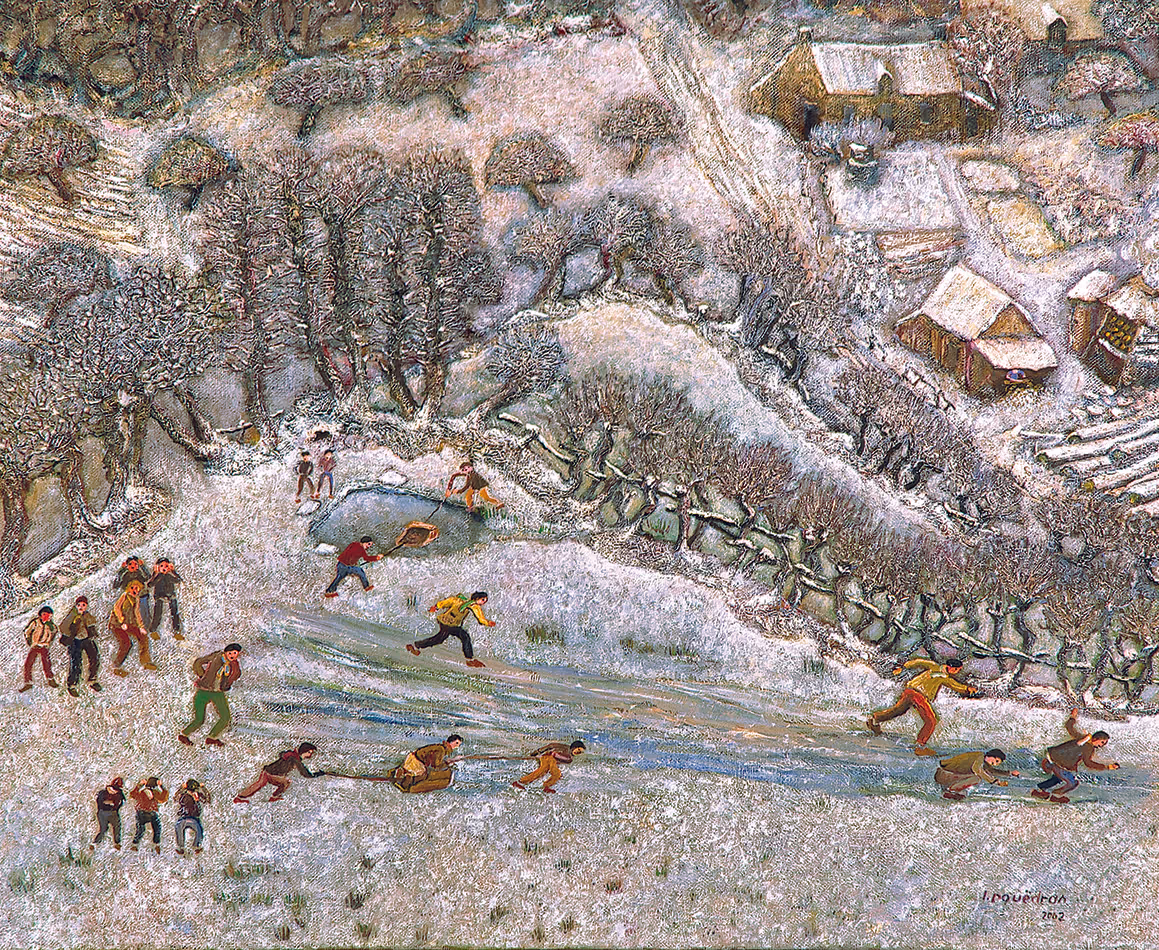 Peinture de Lucien Pouëdras : Glissade sur la prairie gelée. Des enfants font des glissades sur la prairie gelée en hiver près du lavoir.