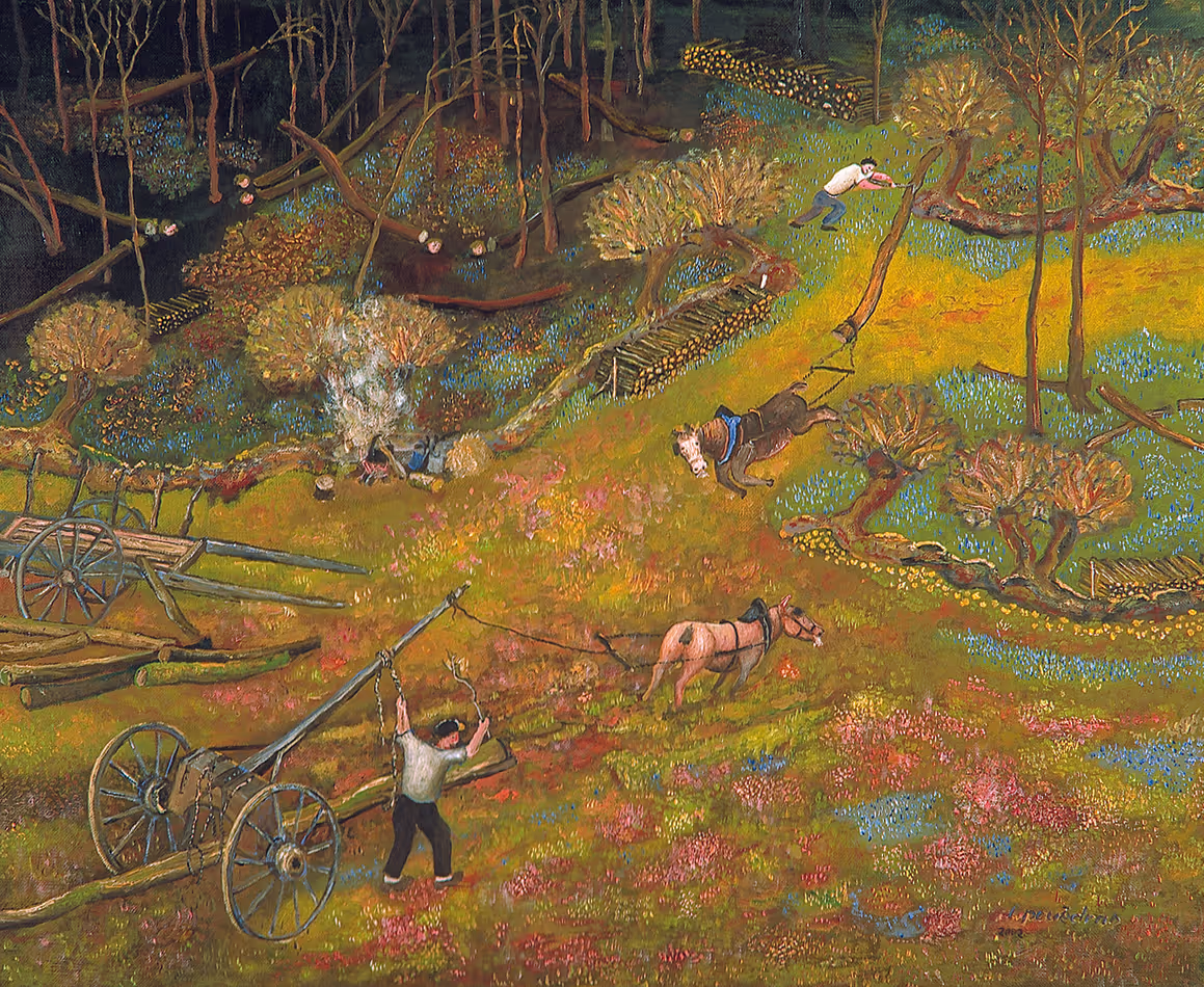 Peinture de Lucien Pouëdras : Les charretiers au travail. Des charretiers et leurs chevaux transportent des troncs d'arbres dans la forêt bretonne.