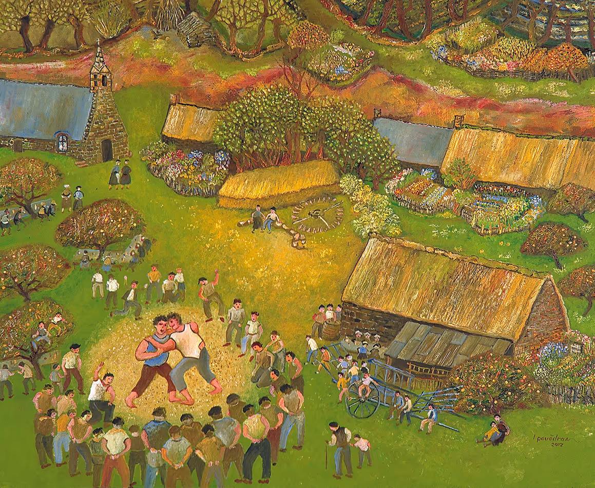 Peinture de Lucien Pouëdras : La lutte bretonne. Un dimanche d'août, les villageois se rassemblent pour un concours de lutte bretonne traditionnelle, un mouton pour récompense.