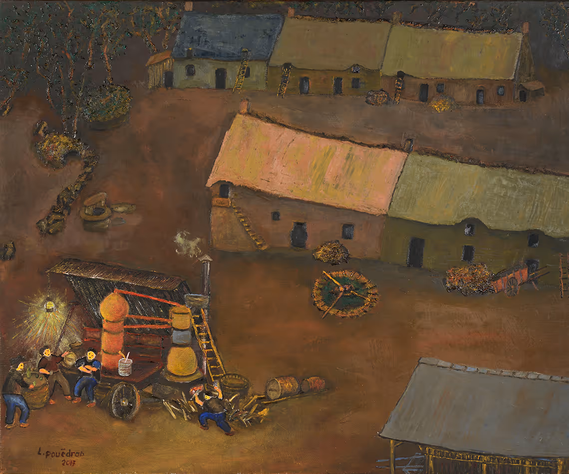 Peinture de Lucien Pouëdras : Le bouilleur de cru ambulant.