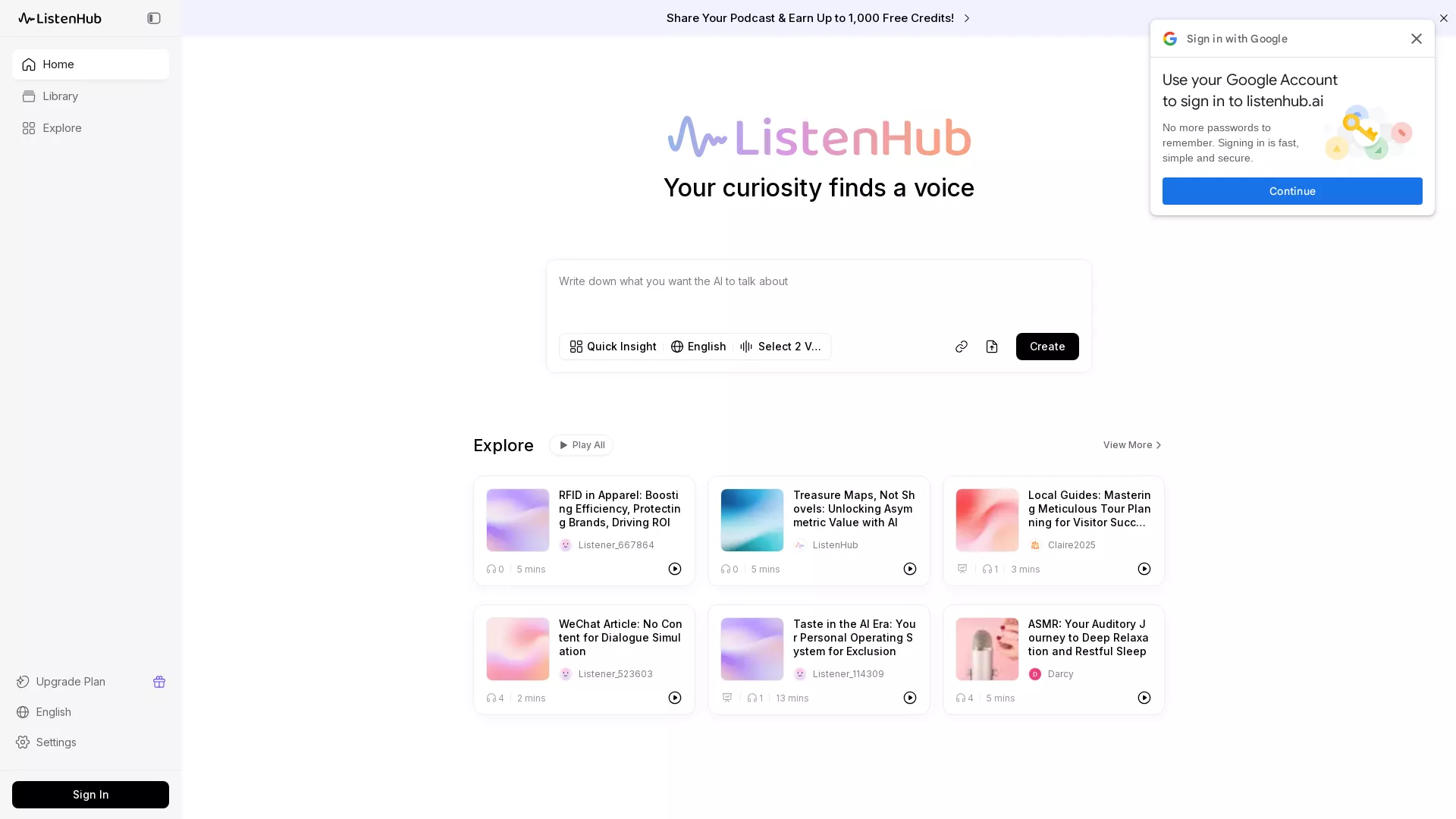 ListenHub - AI Podcast AI Agent Website Screenshot