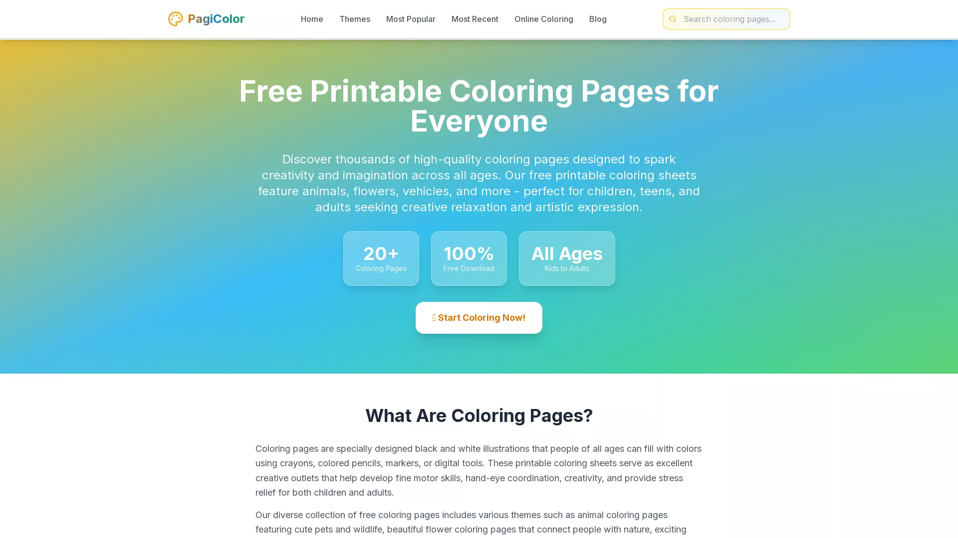 PagiColor - AI Online Coloring Pages Website Screenshot