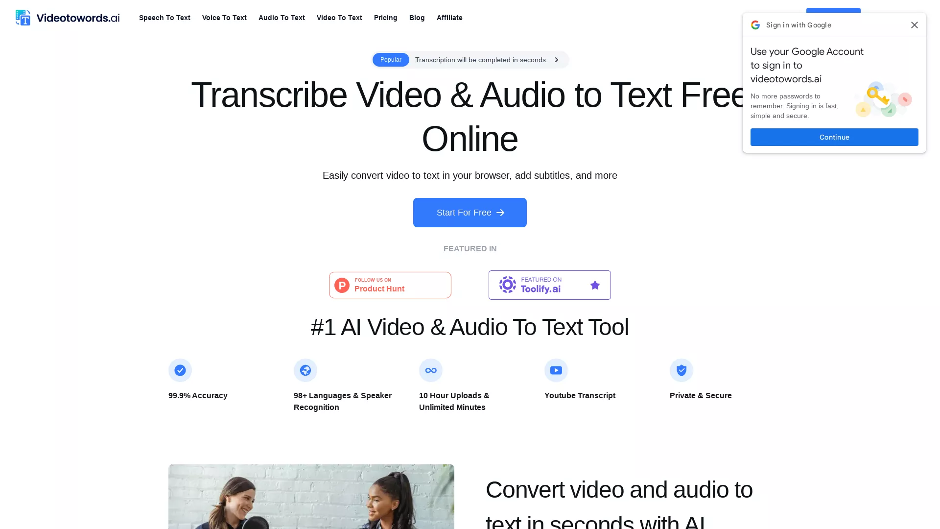 Videotowords - Video to text Tool Website Screenshot