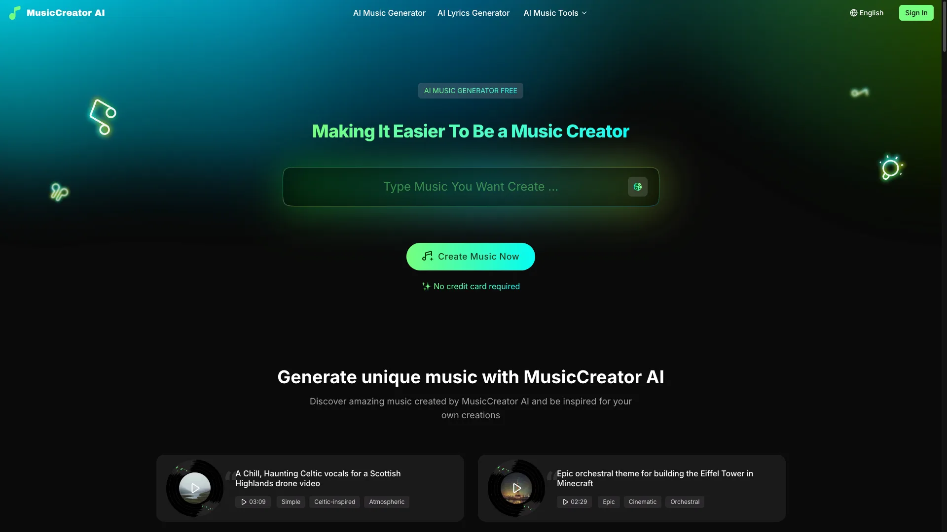 MusicCreator AI - AI Music Generator Website Screenshot