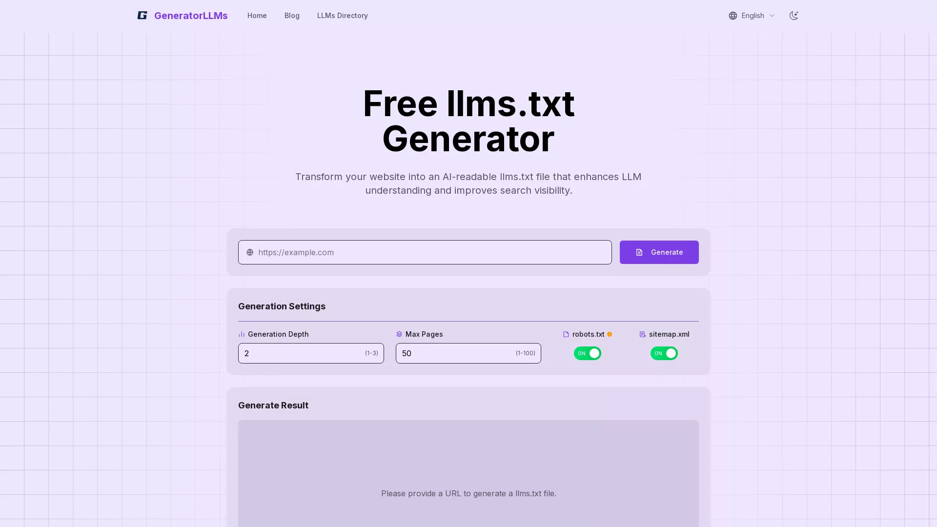 Generatorllmstxt - llms.txt generator Website Screenshot